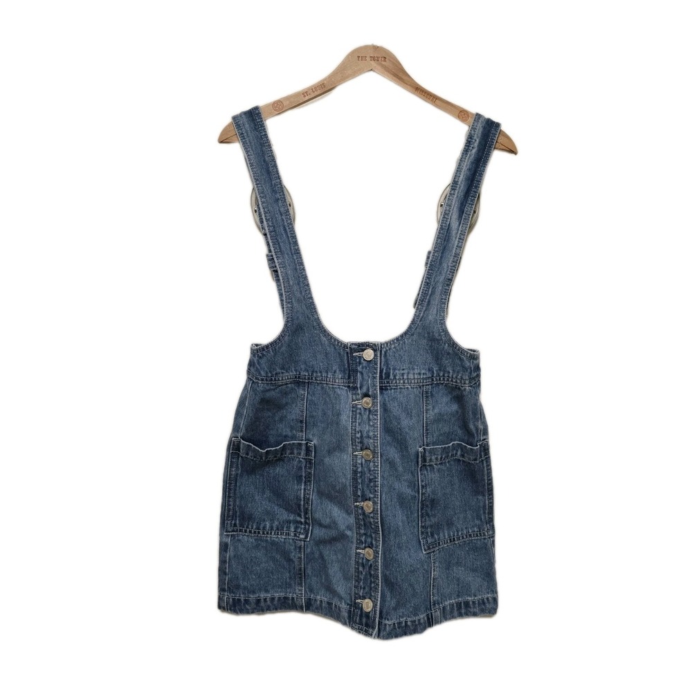 Womens Denim Overall Mini Dress Buckle Strap Button Front Size Small‎ Forever 21 - Picture 6 of 7